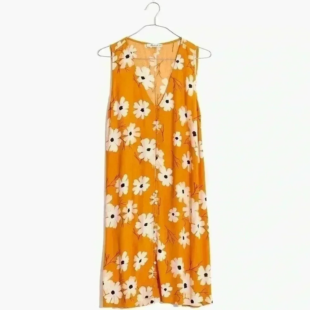 New Madewell Button Front Dress Floral Yellow XS